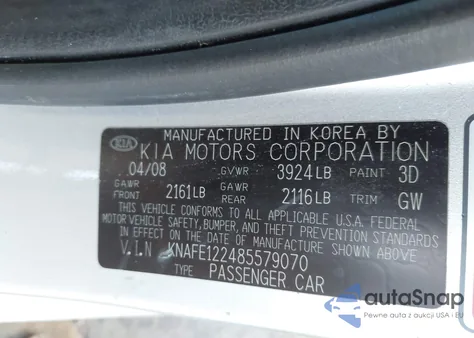 2008 Kia Spectra Ex z USA, uszkodzony, nr VIN KNAFE122485579070